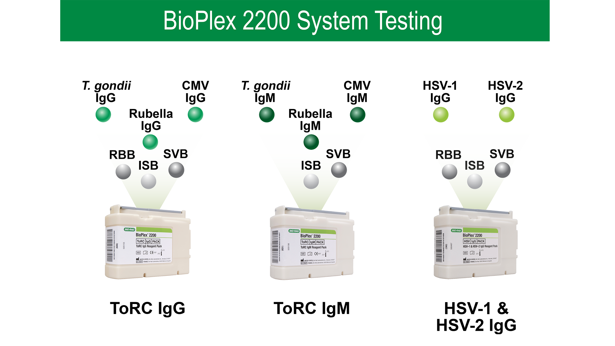 BioPlex 2200 system testing cartridges for ToRC IgG, ToRC IgM, and HSV IgG assays.