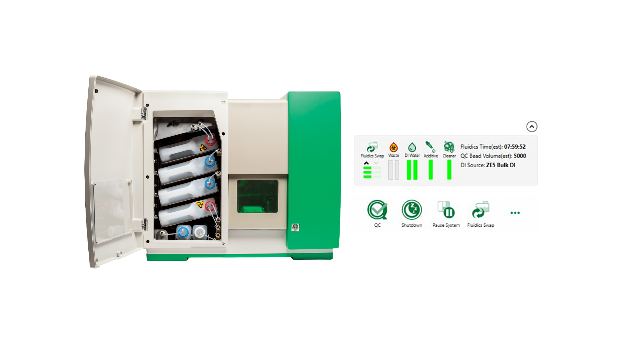 Laboratory machine with an open panel showing containers and graphic of a digital interface showing system icons