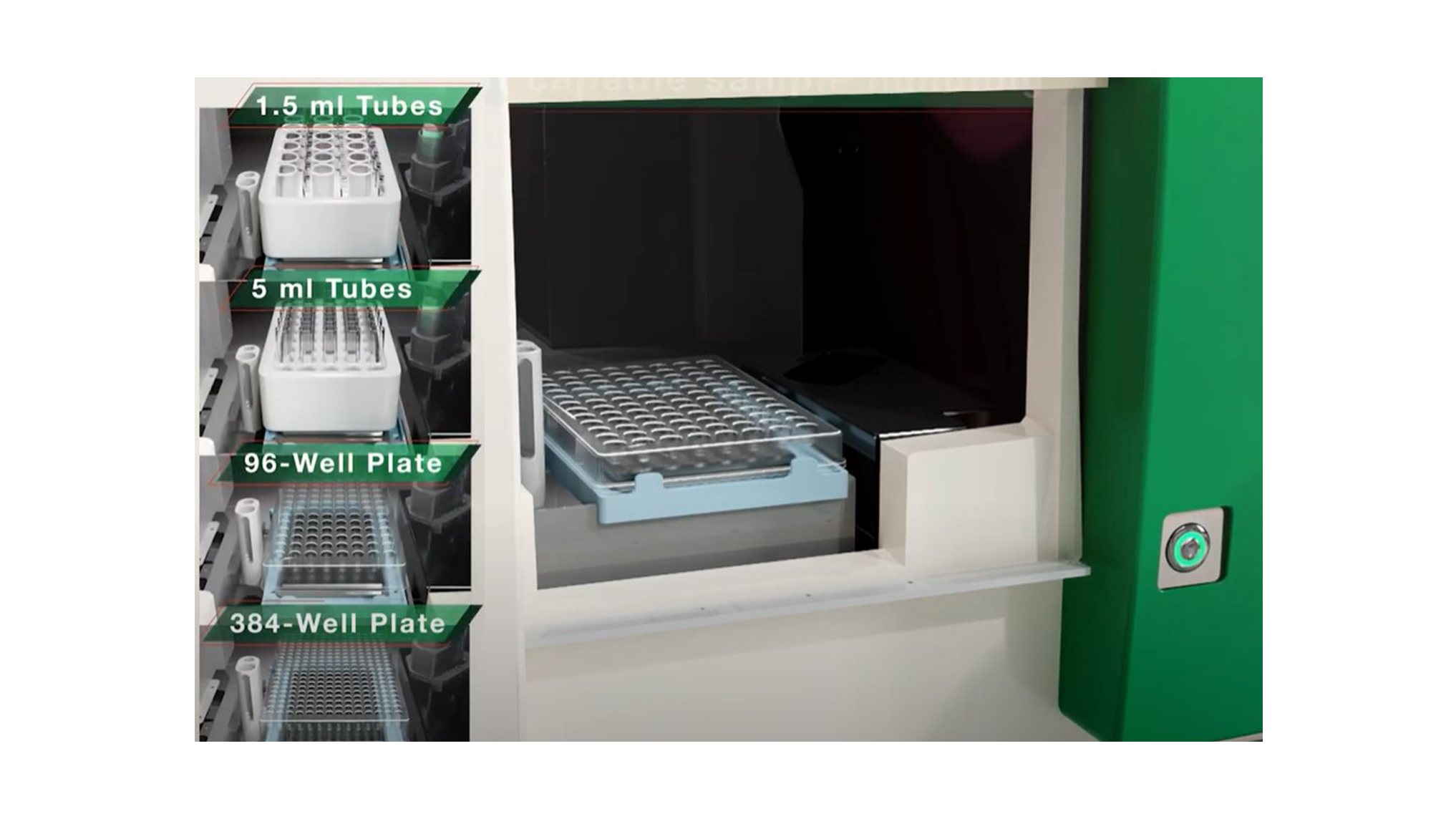 Close-up of a laboratory storage unit with labeled shelves containing 1.5 ml and 5 ml tubes, and 96-well and 384-well plates