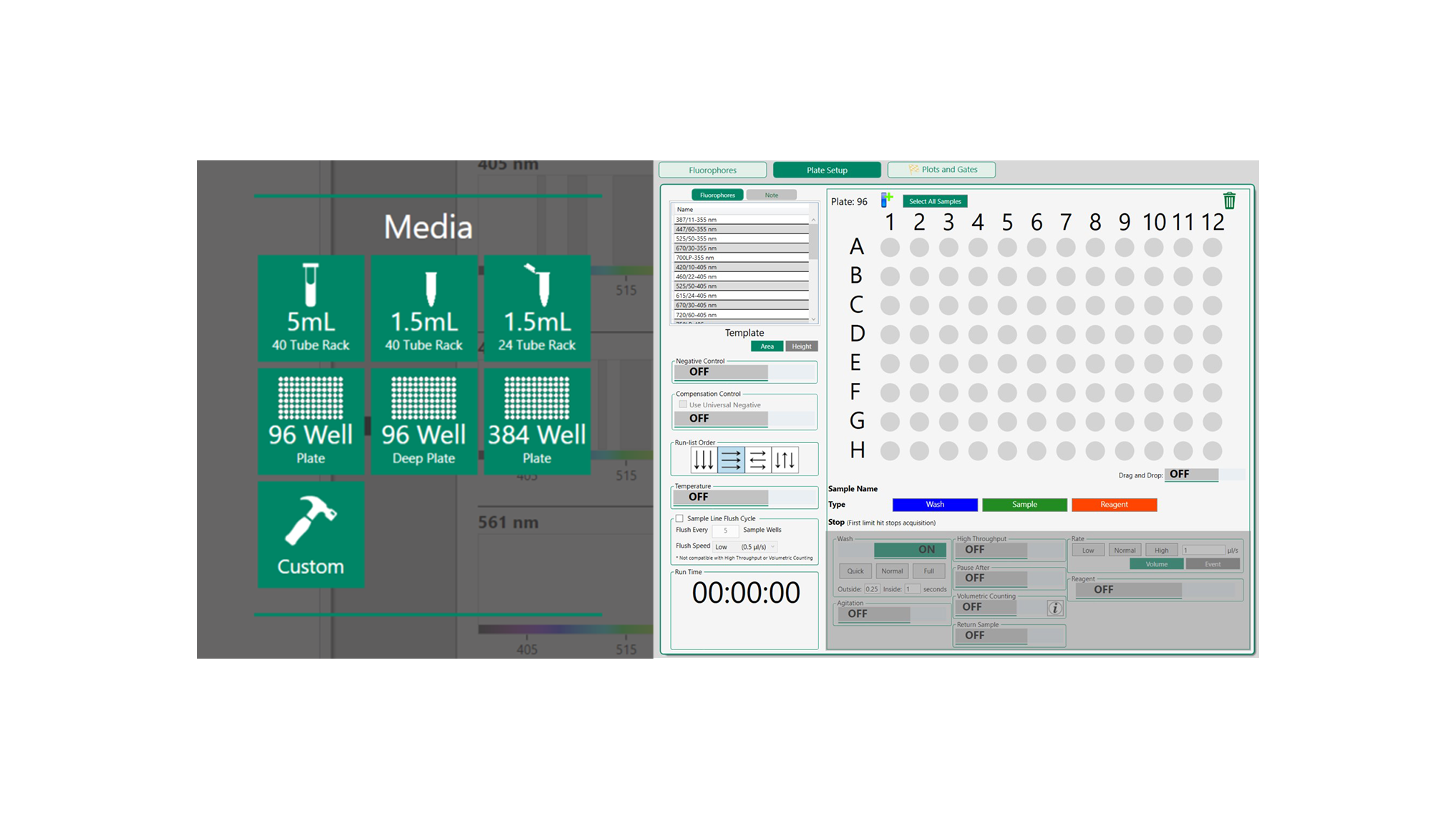 Digital interface showing lab equipment options on the left and a custom plate setup on the right
