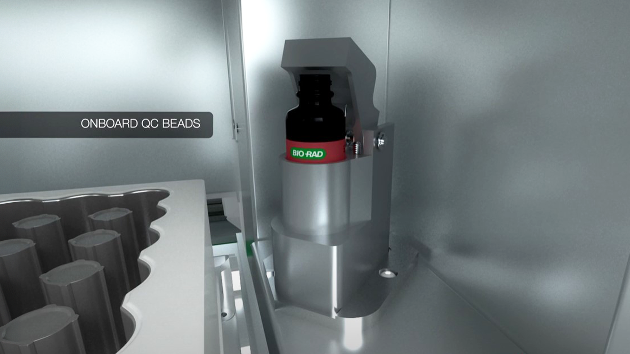 Close-up of a laboratory machine interior showing cylindrical containers