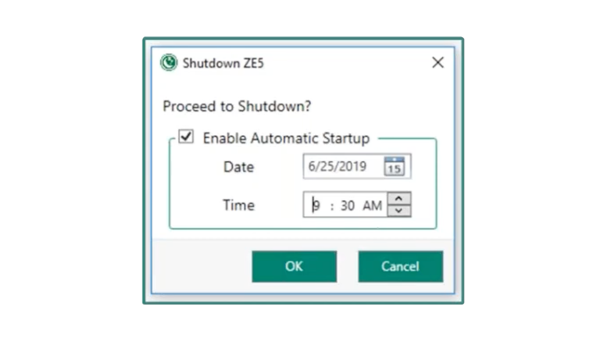 user interface Pop-up window titled "Shutdown ZE5" prompts "Proceed Shutdown?" with options to enable automatic startup