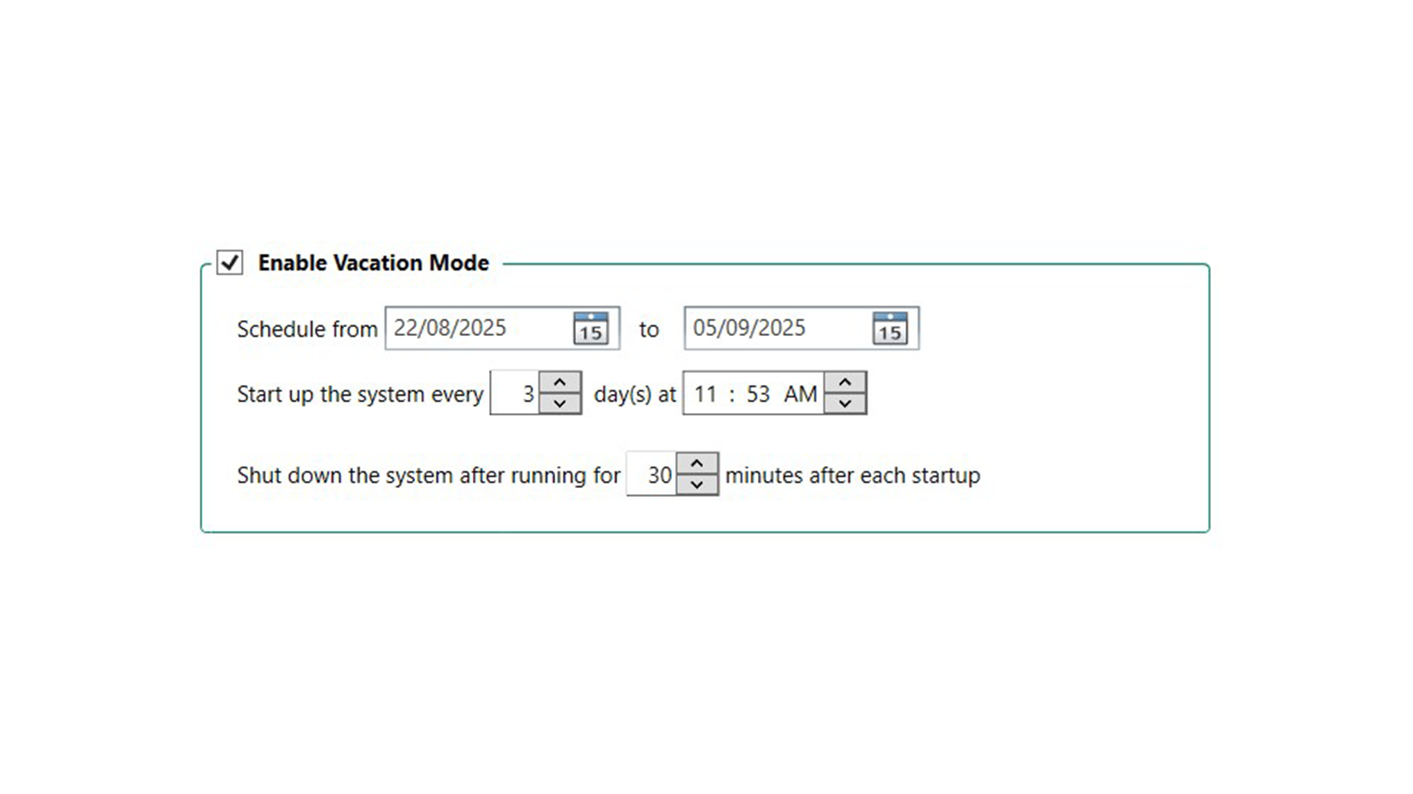 user interface component show options to enable vacation mode scheduling
