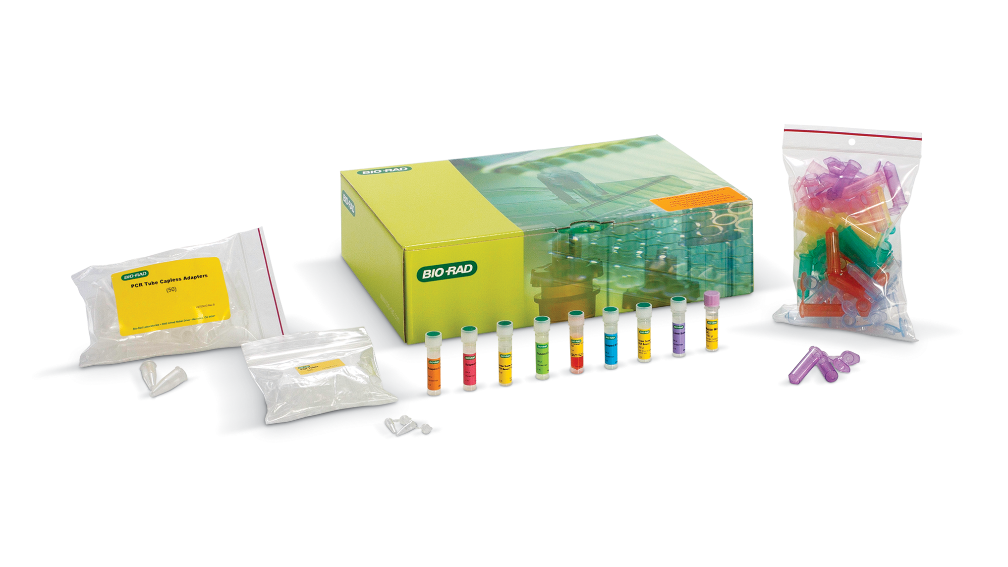 Bio-Rad PCR kit with boxed supplies, colored tubes, reagent vials, and accessory bags