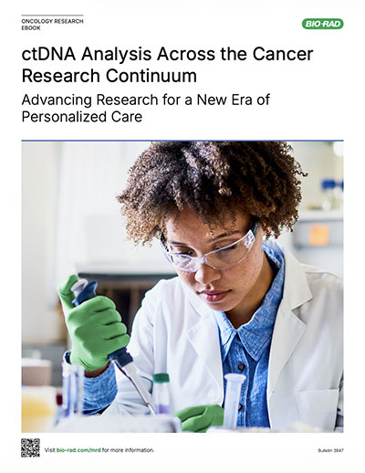 A scientist in a lab coat and safety glasses uses a pipette in a laboratory. The text highlights ctDNA analysis in cancer research for personalized care.