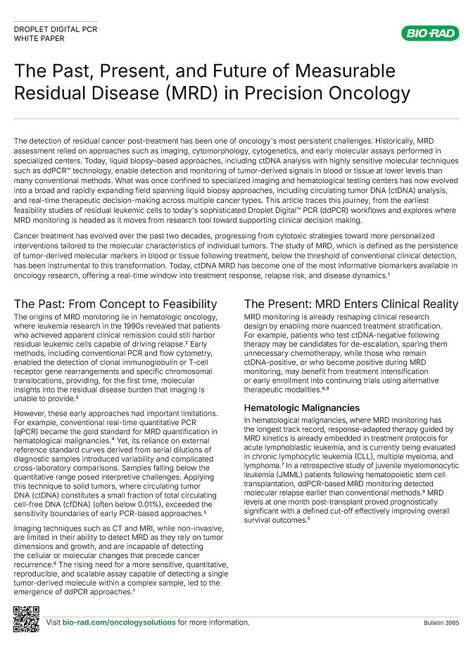 white paper by Bio-Rad about measurable residual disease (MRD) in precision oncology. It details the history, present state, and clinical reality of MRD monitoring, specifically highlighting the use of Droplet Digital PCR (ddPCR) technology.