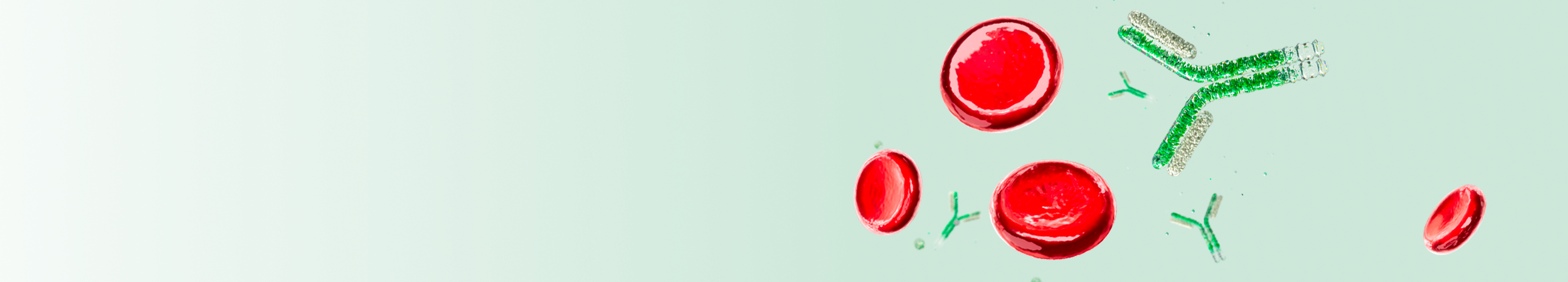 Red blood cells and green antibodies float against a dark green background, 