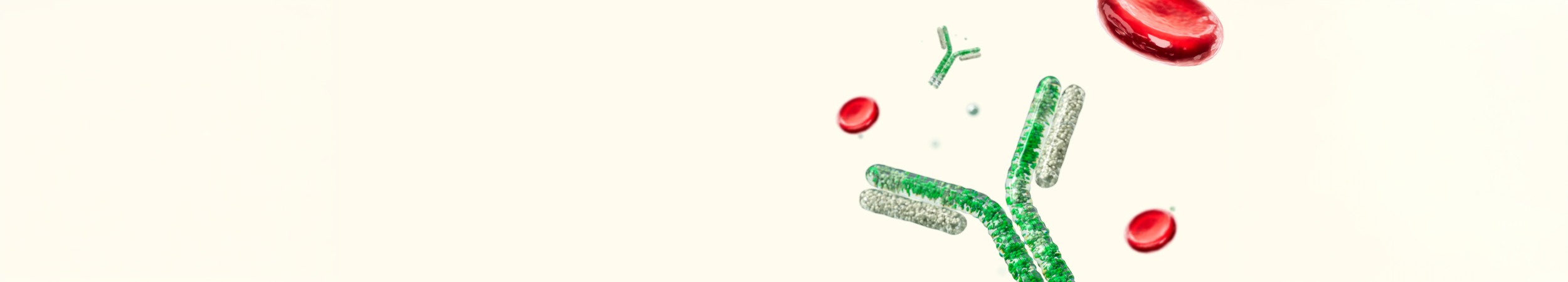 A 3D medical render of a glossy, translucent green Y-shaped antibody molecule floating among red blood cells against a light color cream background.