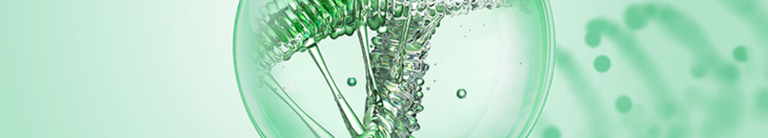 conceptual image containing a large transparent green bubble encases a glowing 3D DNA double helix. Smaller bubbles float below against a blurred light green background.