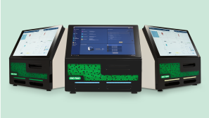 Three QX200™ Droplet Digital™ PCR Systems displaying droplet digital PCR workflow and analysis software for the QXDx™ BCR-ABL %IS Kit