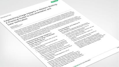 Angled close-up of a printed Bio-Rad guide titled 'Establishing Image Integrity in Western Blotting'.