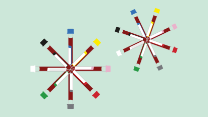concept image of two star-shaped clusters of blood collection tubes on a pale green background.