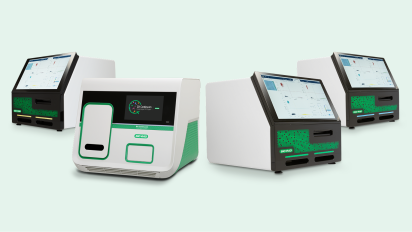 Four Bio-Rad QX Continuum lab devices with green accents sit on a pale green background. Three have large screens displaying data.