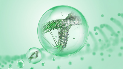 conceptual image containing a large transparent green bubble encases a glowing 3D DNA double helix. Smaller bubbles float below against a blurred light green background.