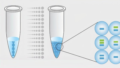 Scientific diagram of a tube with DNA transitioning into microdroplets in a second tube. A magnified inset shows droplets with green and blue marker bars.
